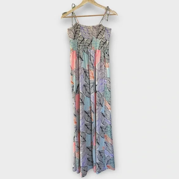 Maaji Maxi Dress – Sunset Palm Fronds Ruched Tie Strap Beach Size M - Picture 2 of 7